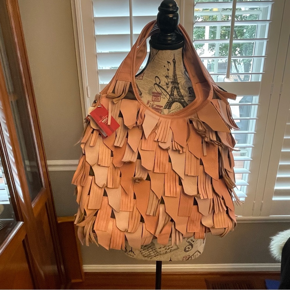 Chaos by Elsie Pink Leather Fringe Shoulder Hobo Bag